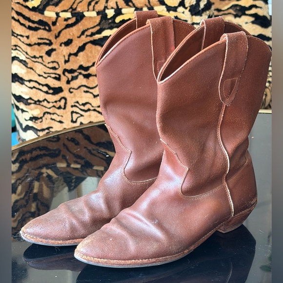 Terra Shoes - Vintage 1970s-80s Brown Leather Cowboy Boots Perfect Patina